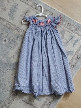 Classic Whimsy Girls Patriotic American Flag Embroidered Smocked Dress Sz4T